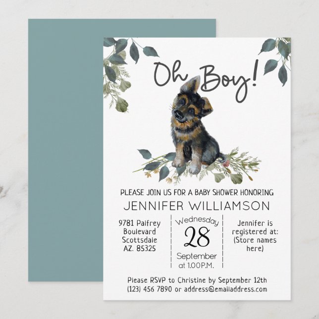 Åh, grabben! Hund Baby Shower German Shepherd Pupp Inbjudningar (Fram/baksida)
