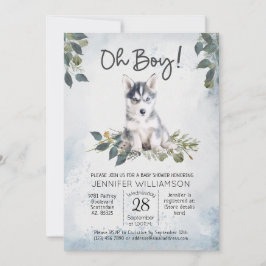 Åh, grabben! Husky Puppy Watercolor Baby Shower In Inbjudningar
