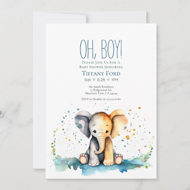 Åh, grabben! Lodrät Baby Elephant Safari Baby Show Inbjudningar (Framsida)
