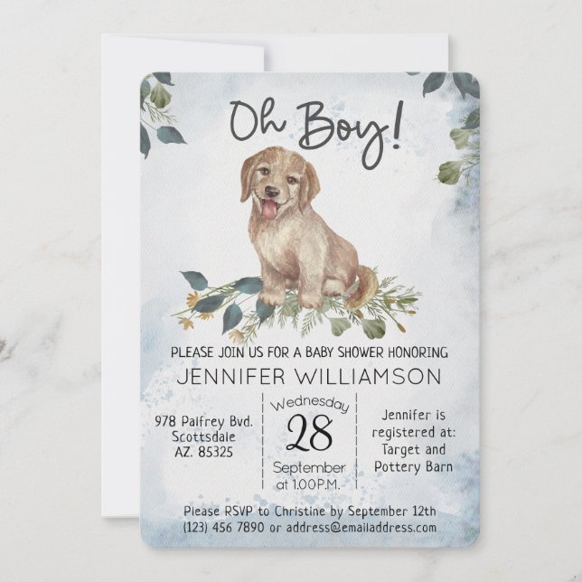 Åh, grabben! Puppy Modern vattenfärgsbabyskor Inbjudningar (Framsida)
