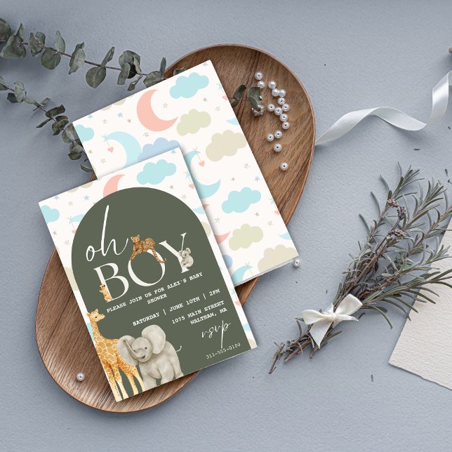 Åh, grabben! Safari Animals Baby Shower-inbjudan Inbjudningar (Oh Boy! Safari Animals Baby Shower Invitation)