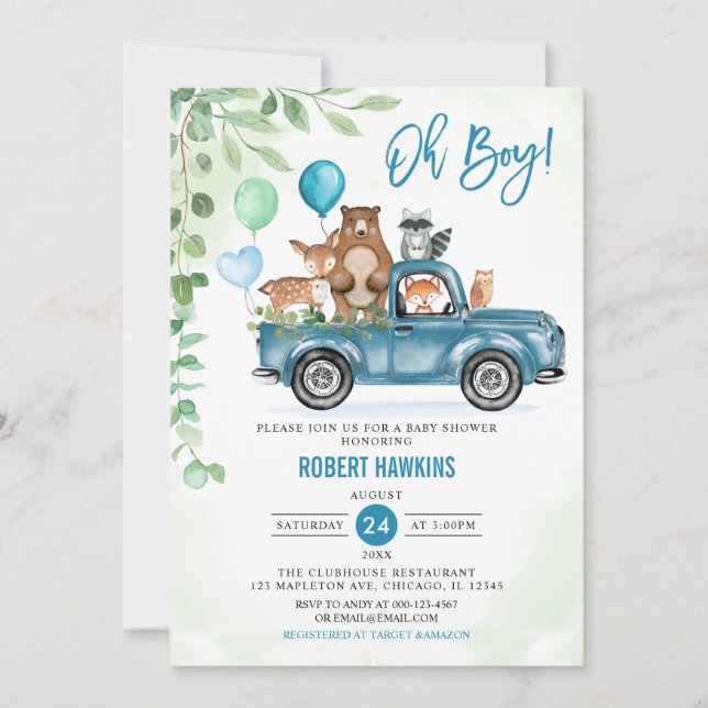 Åh, grabben! Skogsdjur Blue Lastbil Baby Shower Inbjudningar (Framsida)
