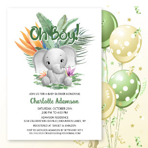 Åh, grabben! Tropical Grått Baby Elephant Baby Sho Inbjudningar