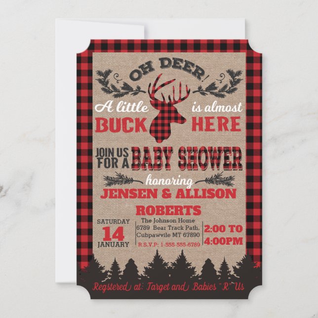 Åh Hjort Buffalo Plaid Baby Shower-inbjudan Inbjudningar (Framsida)