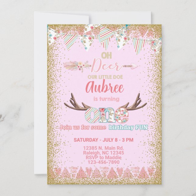 Åh hjort, flickfödelsedag, lilla doe. inbjudningar (Framsida)