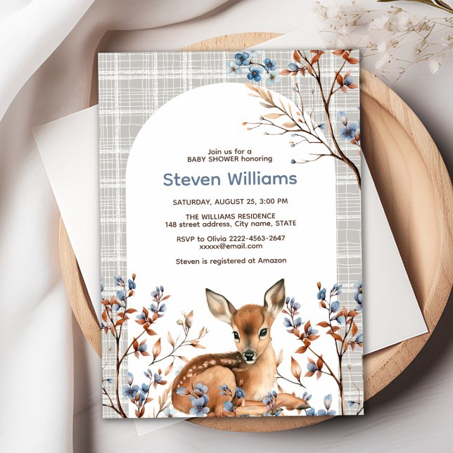 Åh, hjort, rustik blommigt babydusch inbjudningar (Oh deer rustic blue florals with cute forest deer baby shower invitation, gender neutral, woodland )