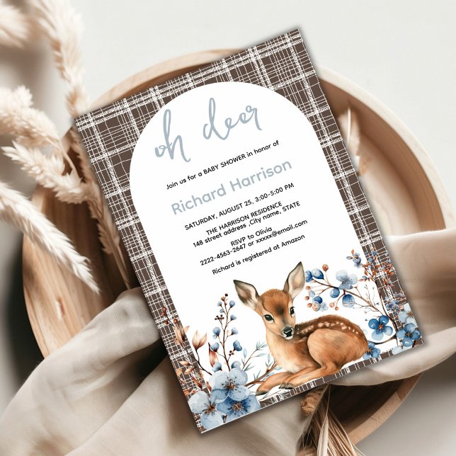 Åh, hjort, rustik blommigt babydusch inbjudningar (Oh deer rustic blue florals with cute forest deer baby shower invitation, gender neutral, woodland )