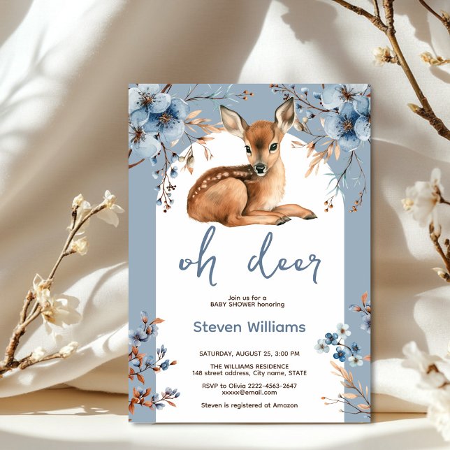 Åh, hjort, rustik blommigt babydusch inbjudningar (Oh deer rustic blue florals with cute forest deer baby shower invitation, gender neutral, woodland )