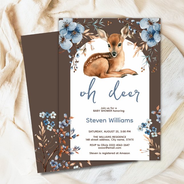 Åh, hjort, rustik blommigt babydusch inbjudningar (Oh deer rustic blue florals with cute forest deer baby shower invitation, gender neutral, woodland )
