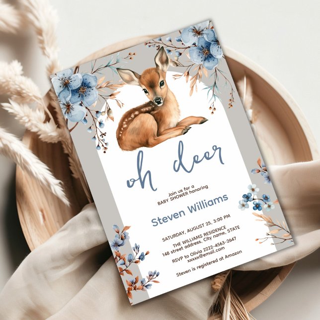 Åh, hjort, rustik blommigt babydusch inbjudningar (Oh deer rustic blue florals with cute forest deer baby shower invitation, gender neutral, woodland )