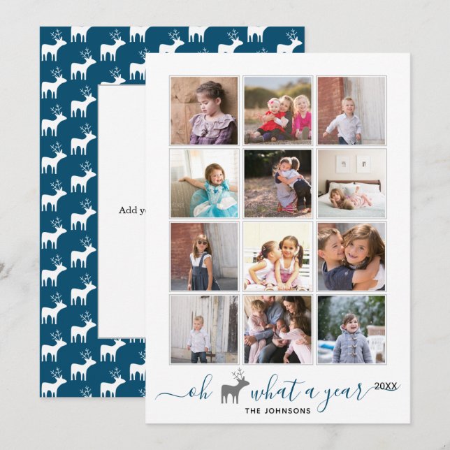 Åh hjort vad ett år i översikt foto collage blå julkort (Fram/baksida)