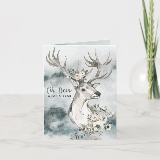 Åh Hjort, vilket år... | Vattenfärgad Hjort med bl Helgkort (Framsida)