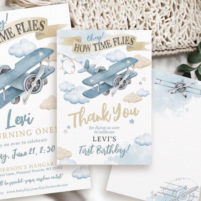 Åh hur tiden flyger Flygplan Blå Pojke Födelsedags Tack Kort (Oh My How Time Flies neutral watercolor blue plane airplane pilot boy birthday party thank you card)