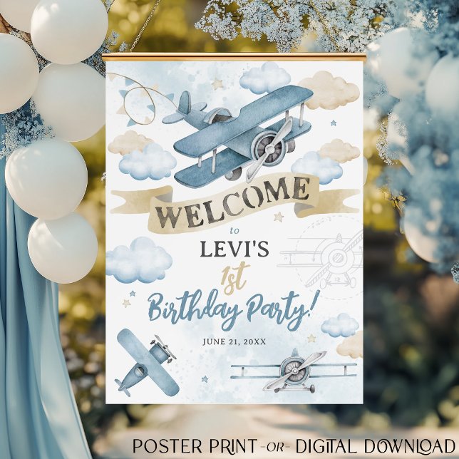 Åh hur tiden flyger Flygplans födelsedagsfest Välk Poster (How Time Flies watercolor blue plane airplane boy birthday party digital welcome sign poster print)