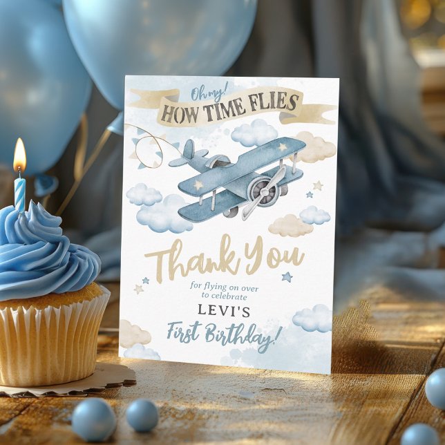 Åh hur tiden flyger Vattenfärg Flygplan Pojke Föde Tack Kort (Oh My How Time Flies neutral watercolor blue plane airplane pilot boy birthday party thank you card)