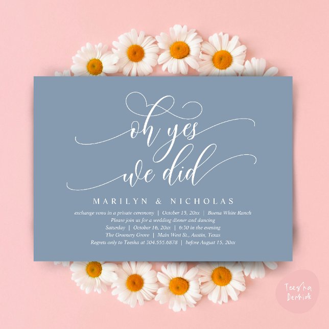 Åh ja, det gjorde vi, modern bröllopsmiddag och fe inbjudningar (Oh Yes, We Did, Wedding Elopement Dinner Romantic Modern Party Invitation Card PDF Dusty Blue)