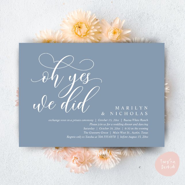 Åh ja, det gjorde vi, modern bröllopsmiddag och fe inbjudningar (Oh Yes, We Did, Wedding Elopement Dinner Romantic Modern Party Invitation Card PDF Dusty Blue)