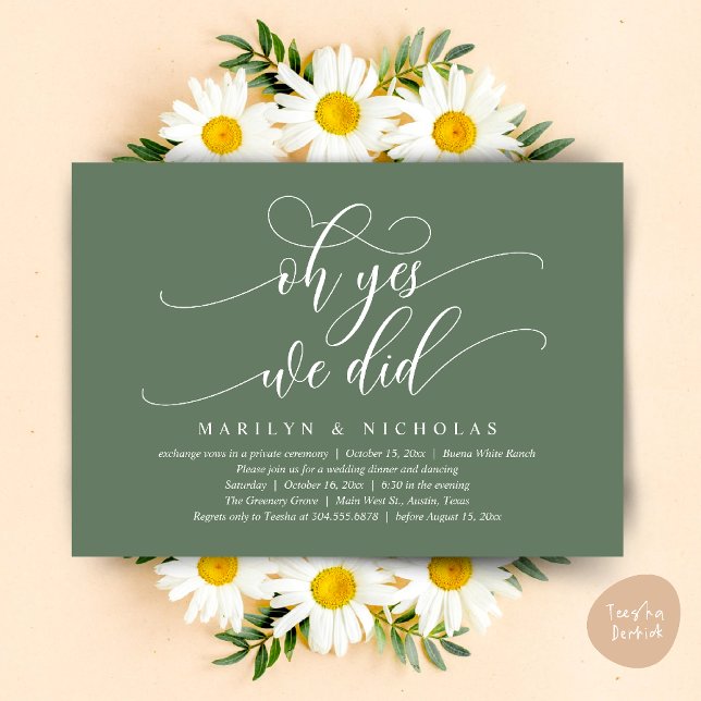 Åh ja, det gjorde vi, modern bröllopsmiddag och fe inbjudningar (Oh Yes, We Did, Wedding Elopement Dinner Romantic Modern Party Invitation Card PDF Sage Green)