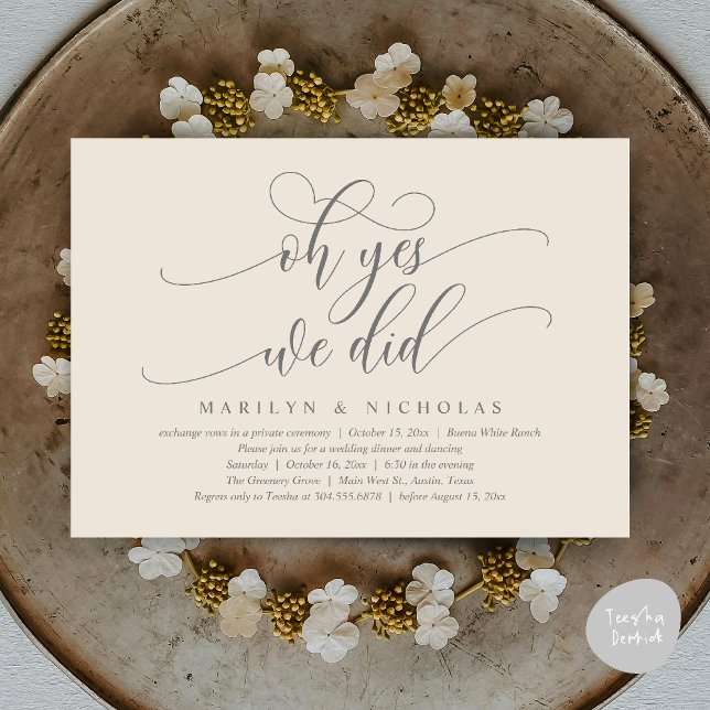 Åh ja, det gjorde vi, modern bröllopsmiddag och fe inbjudningar (Oh Yes, We Did, Wedding Elopement Dinner Romantic Modern Party Invitation Card PDF Cream Grey)