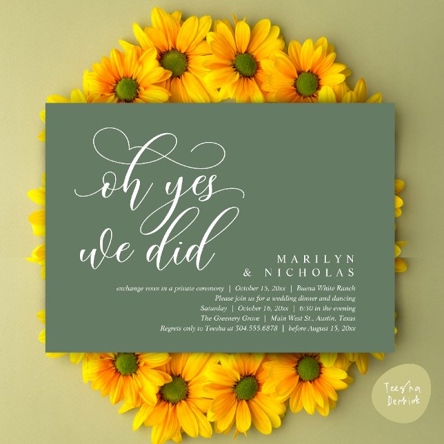 Åh ja, det gjorde vi, modern bröllopsmiddag och fe inbjudningar (Oh Yes, We Did, Wedding Elopement Dinner Romantic Modern Party Invitation Card PDF Sage Green)