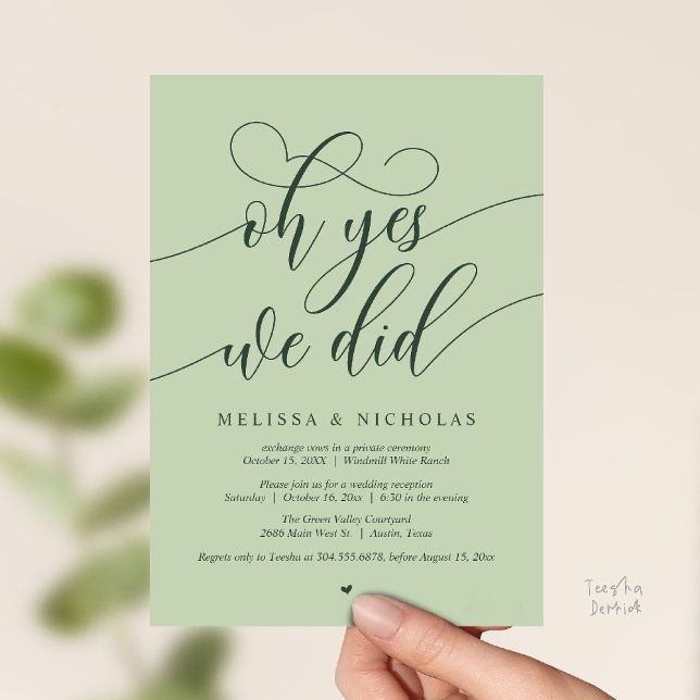 Åh ja, det gjorde vi! Modernt bröllopsbesked med m Inbjudningar (Oh Yes We Did Modern Script Elopement Announcement Card in Forest Green Eucalyptus )