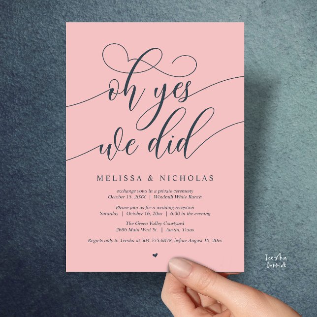 Åh ja, det gjorde vi Modernt bröllopsinbjudan för  Inbjudningar (Oh Yes We Did Modern Creative Script Elopement Announcement Dinner Card in Blush and Charcoal Grey)