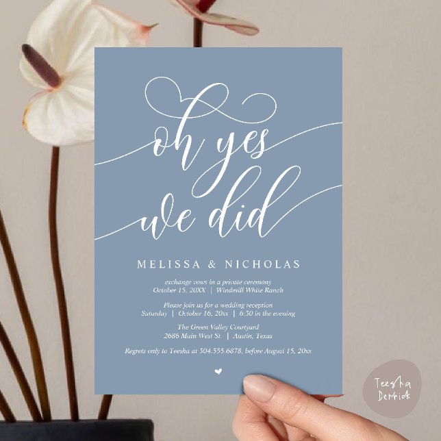 Åh ja, det gjorde vi Modernt bröllopsinförande med Inbjudningar (Oh Yes We Did Modern Creative Script Elopement Announcement Dinner Card in Dusty Blue)