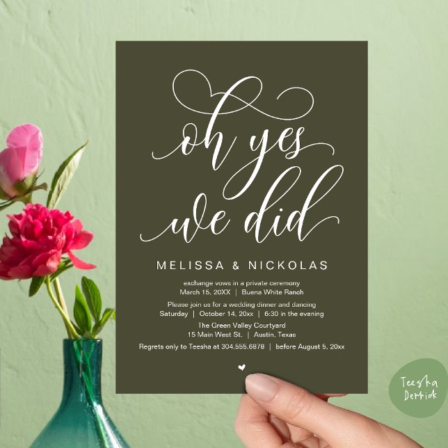 Åh ja, det gjorde vi, romantisk vigsel bröllopsfes inbjudningar (Oh Yes, We Did, Romantic Modern Script Wedding Elopement Party Invites Card PDF Rustic Olive Green)