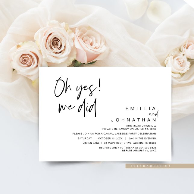 Åh ja, det gjorde vi, vigsel genom flykt inbjudningar (Oh Yes, We Did, Modern Romantic Wedding Elopement Dinner or Brunch Celebration Invitation Card)