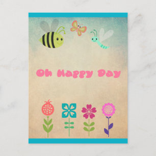 Åh Lycklig Day Whimsical Flowers och Cheerful Kryp Vykort