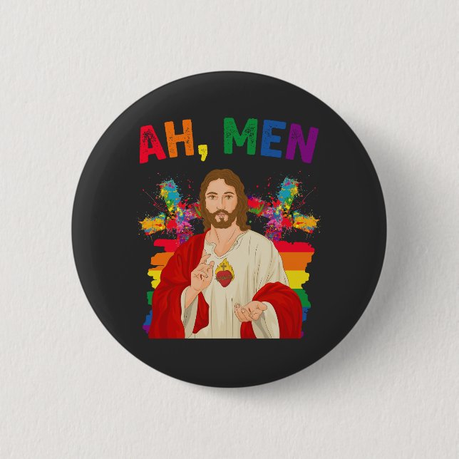 Ah Män Roligt HBTQ Gay Pride Jesus Kristna Knapp (Framsida)
