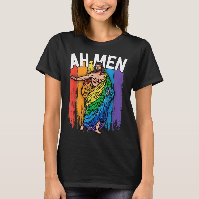 Ah Manar Gay Jesus LGBTQ Gifts Rainbow T Shirt (Framsida)