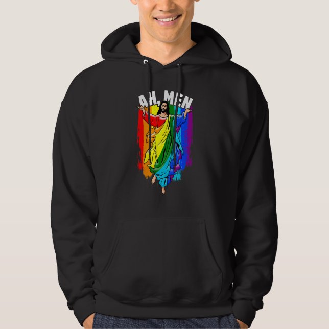Ah Men Gay Jesus LGBTQ Pride Rainbow Hoodie (Framsida)