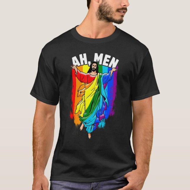 Ah Men Gay Jesus LGBTQ Pride Rainbow T Shirt (Framsida)