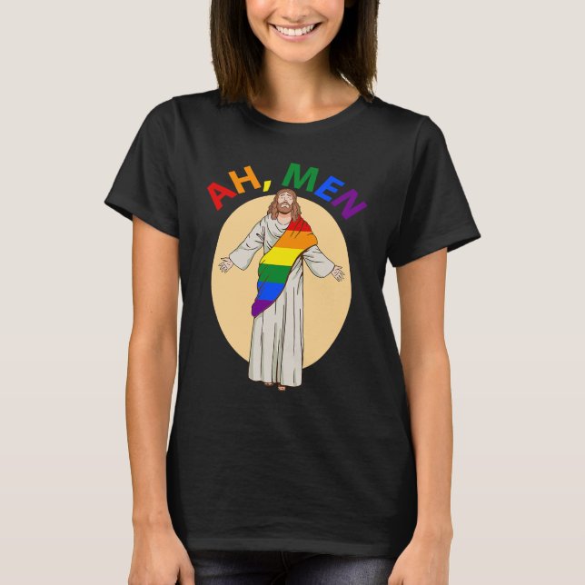 Ah Men Gay Pride Jesus Rainbow  LGBT Flag Christia T Shirt (Framsida)
