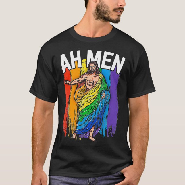Ah Men God Jesus Christian LGBTQ Lesbian Gay Pride T Shirt (Framsida)