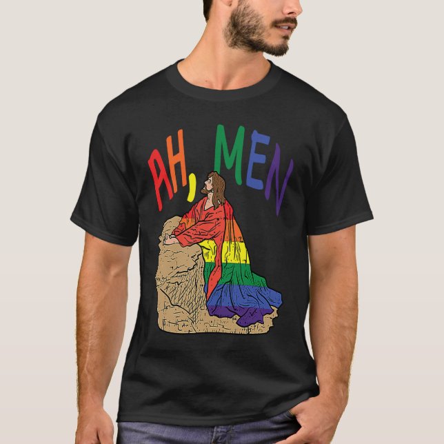 Ah Men  LGBT Gay Pride Jesus Prayer Rainbow Flag T Shirt (Framsida)