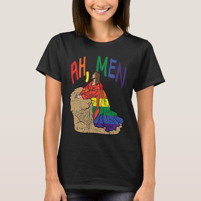 Ah Men  LGBT Gay Pride Jesus Prayer Rainbow Flag T Shirt (Framsida)