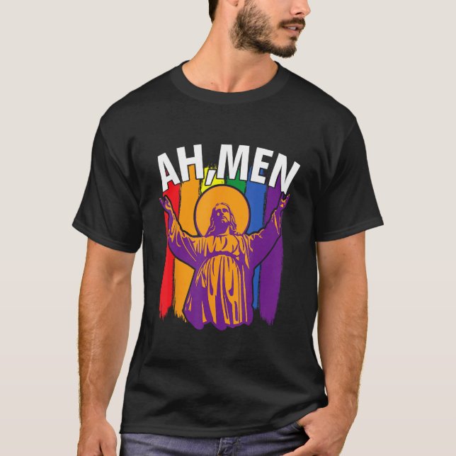 Ah Men  LGBT Gay Pride Jesus Rainbow Flag Christia T Shirt (Framsida)