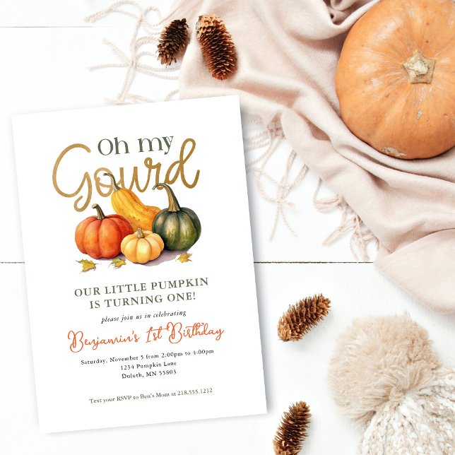 Åh min pumpa lilla pumpa 1-årsdag inbjudningar (Oh My Gourd Little Pumpkin 1st Birthday Invitation. First Birthday invite. Gender neutral birthday.)