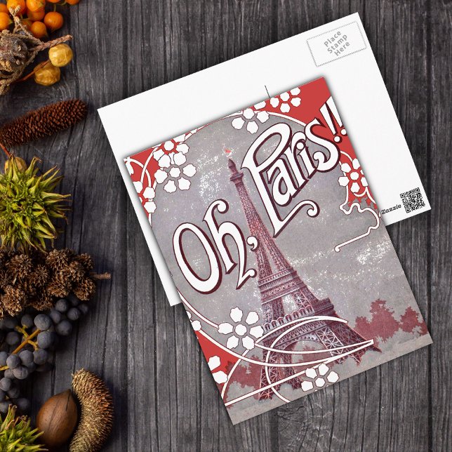 Åh Paris Eiffeltornets vykort (Eiffel Tower Illustration white daisies Oh Paris text on grey and red postcard.)