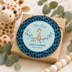 Åh pojke! Baby Giraffe Baby Shower Runt Klistermärke