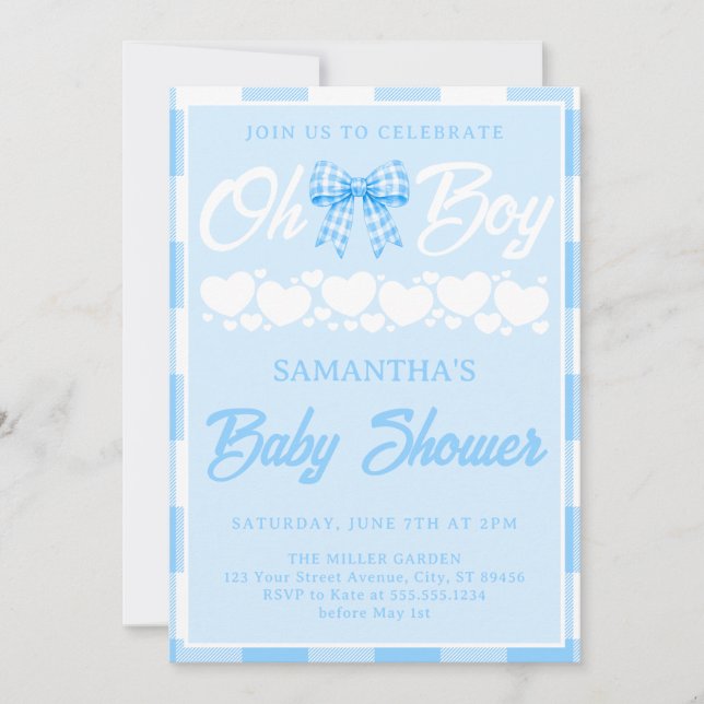 Åh Pojke Baby Shower Blå Gingham-slöja Inbjudningar (Framsida)