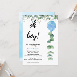 Åh pojke ballong grönska eukalyptus baby shower inbjudningar
