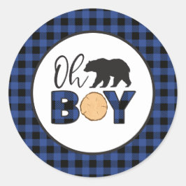 Åh pojke Björn blå Buffalo Rutig Baby Shower Runt Klistermärke