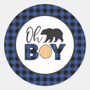 Åh pojke Björn blå Buffalo Rutig Baby Shower Runt Klistermärke