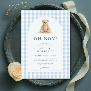 Åh Pojke Björn Blå Gingham Baby Shower Inbjudningar