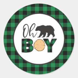 Åh pojke Björn grön Buffalo Rutig Baby Shower Runt Klistermärke