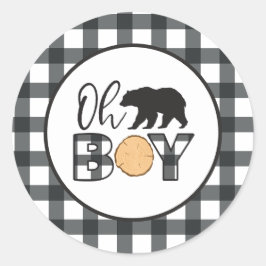 Åh pojke Björn svart Buffalo Randig Baby Shower Runt Klistermärke