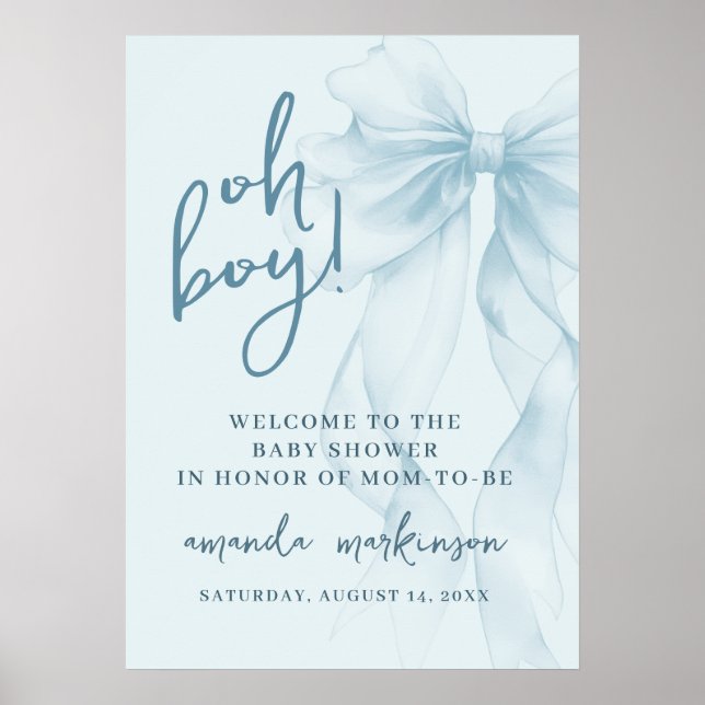 Åh Pojke Blå Akvarellbåge Baby Shower Välkommen Poster (Framsidan)